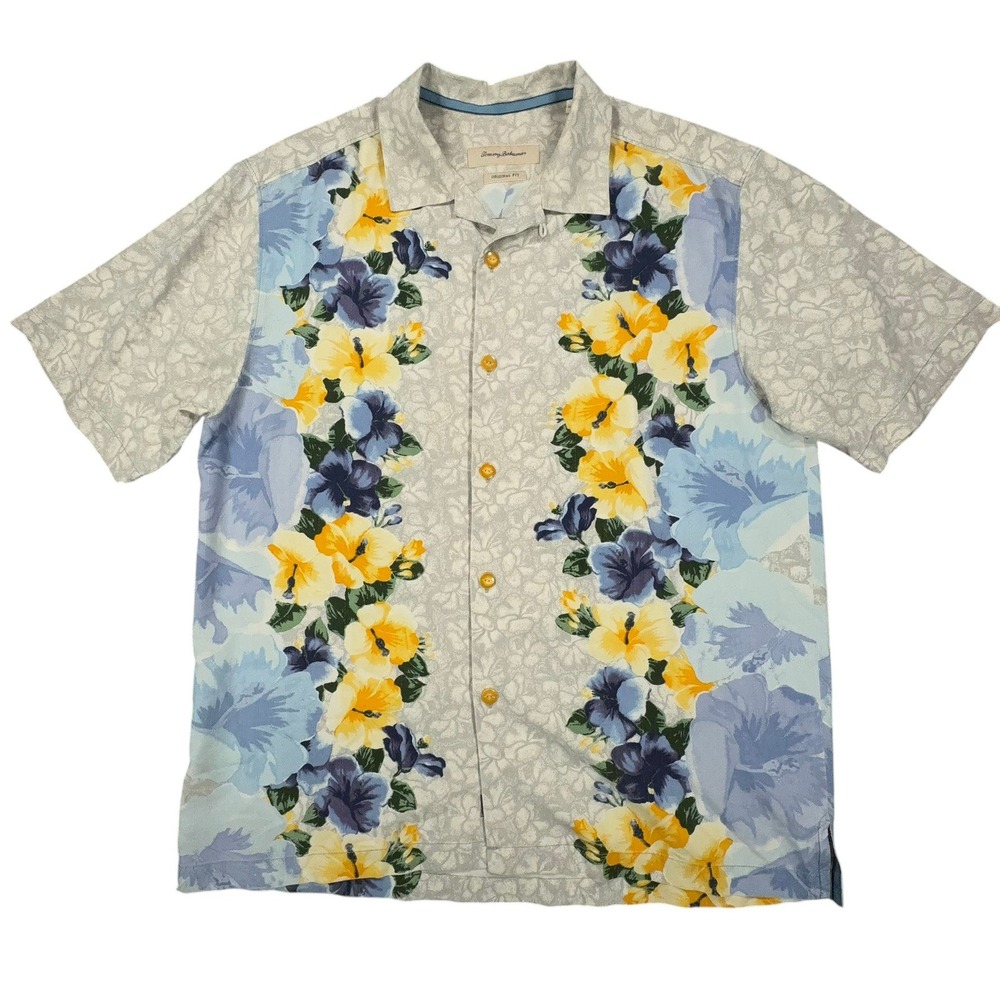 Tommy Bahama Silk Hawaiian‎ Camp Shirt Mens L Blue Yellow Floral Short Sleeve